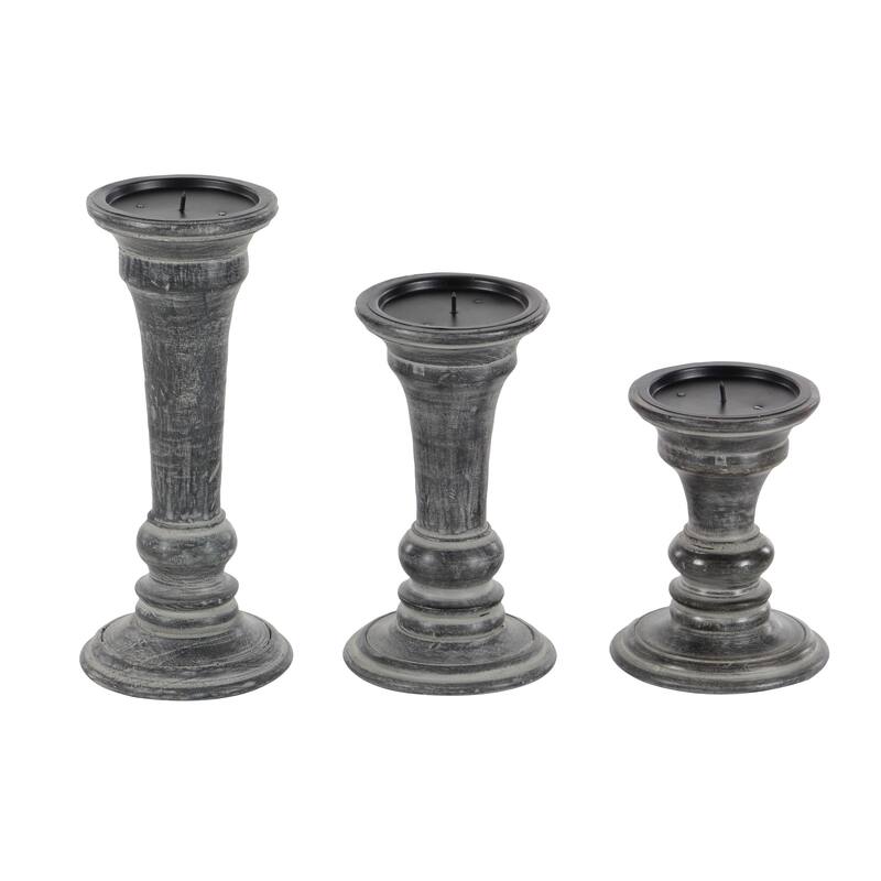 Black Mango Wood Traditional Candle Holder (Set of 3) - S/3 10", 8", 6"H