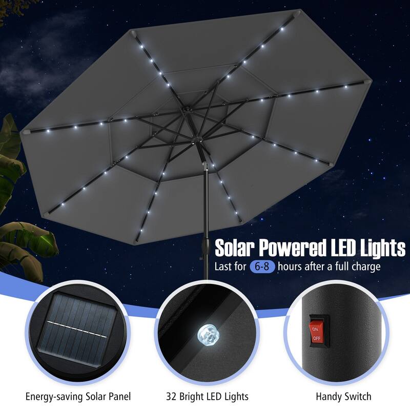 Polyester 10.3ft Solar LED Patio Umbrella with Auto Tilt and Crank