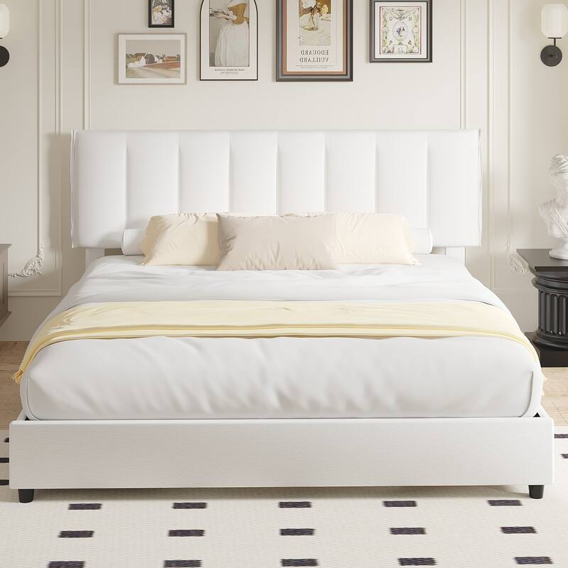 White Bed Frame with 4 Storage Drawers, Upholstered Platform Bed Frame with Adjustable Headboard
