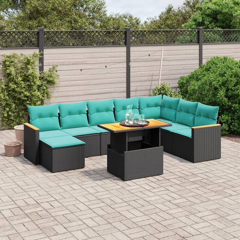 vidaXL Patio Sofa Set with Cushions Outdoor Furniture 9 Piece Poly Rattan - 24.4 x 24.4 x 27.2 - Black