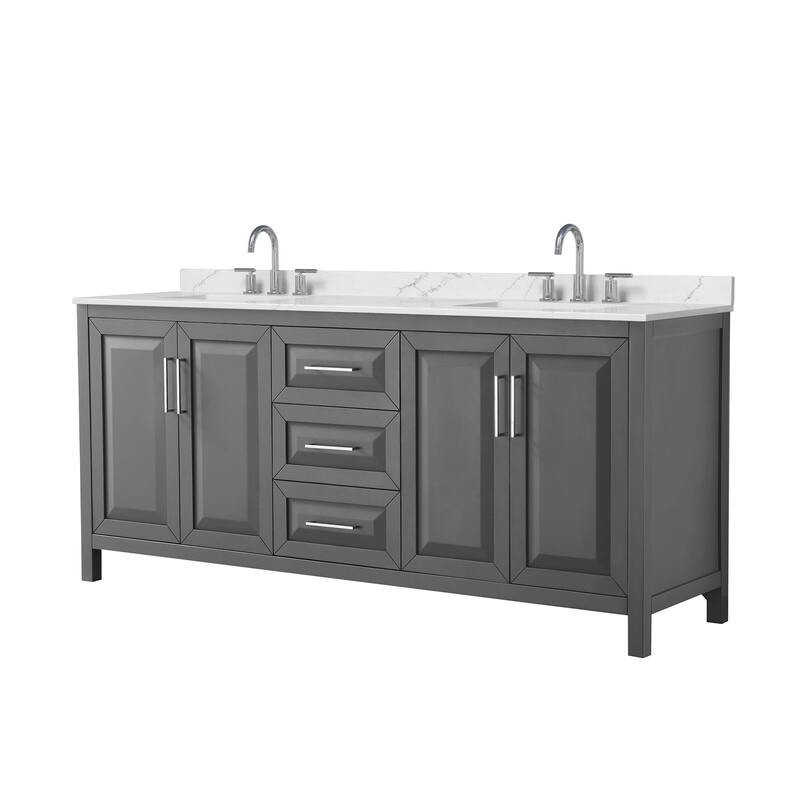 Daria 80-inch Double Vanity, 3 Hole Quartz Top - Dark Gray, Chrome Trim, Giotto Quartz Top