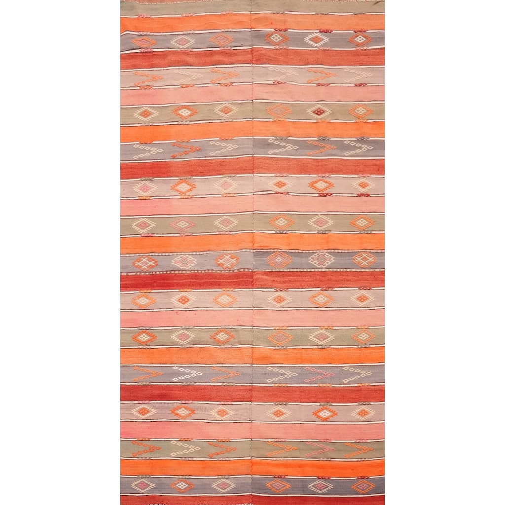 Hand Woven Oriental 100% Wool Carpet Southwestern Tribal Oranges & Rust Kilim Runner Rug - 8' 6'' X 4' 0''