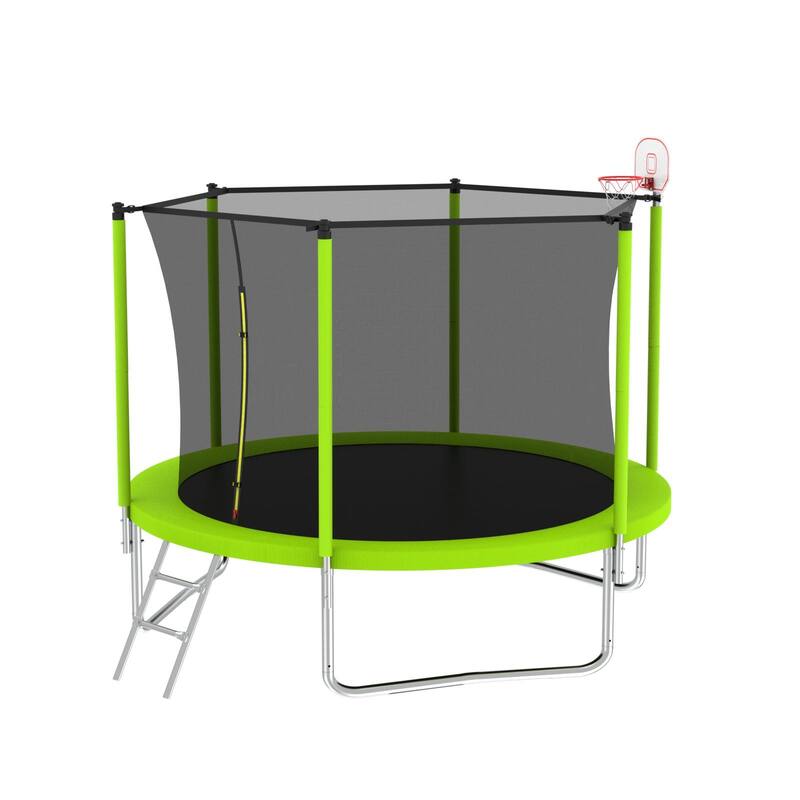 10FT Trampoline for Kids, Basketball Hoop and Ladder, Outdoor Kids Trampoline with Safety Enclosure, Fast Assembly