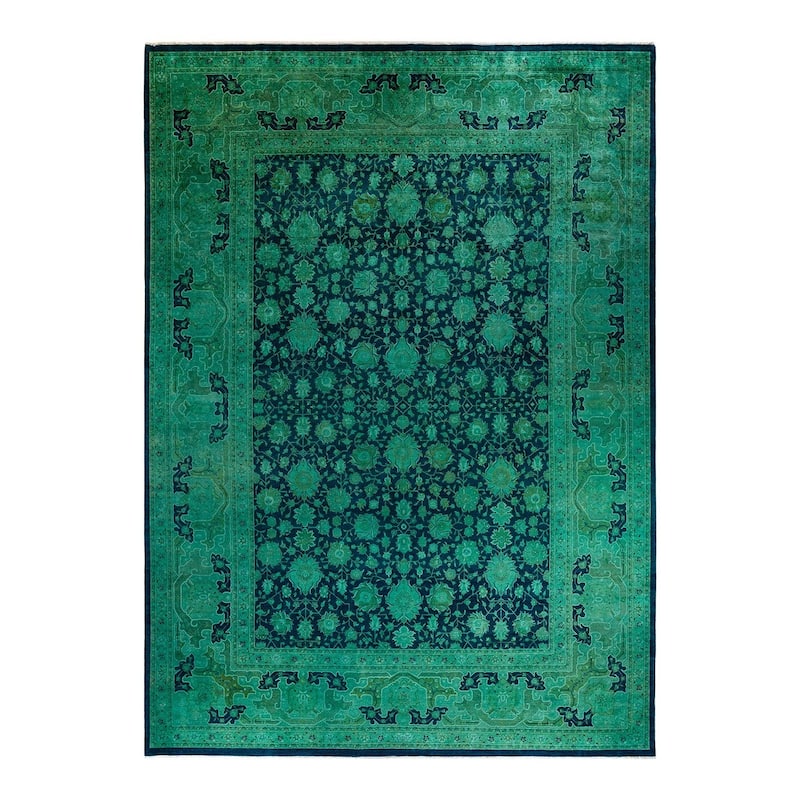 Overton Hand Knotted Wool Vintage Inspired Modern Contemporary Overdyed Green Area Rug - 10' 2" x 14' 4"