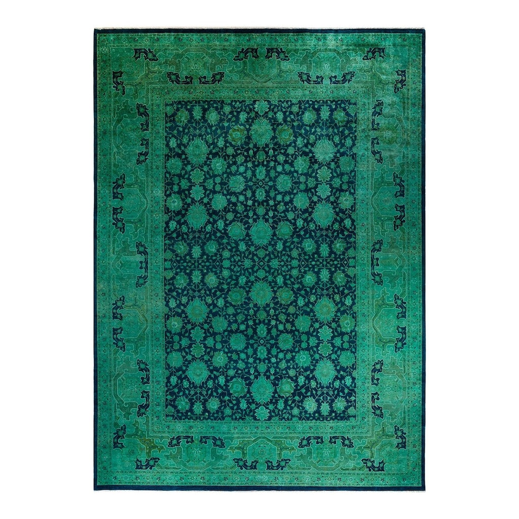 Overton Hand Knotted Wool Vintage Inspired Modern Contemporary Overdyed Green Area Rug - 10' 2" x 14' 4"