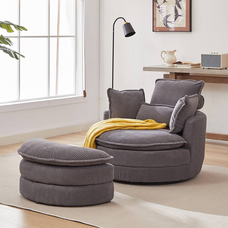 38"W Oversized Round Swivel Barrel Chair with moon storage ottoman and 4 Pillows
