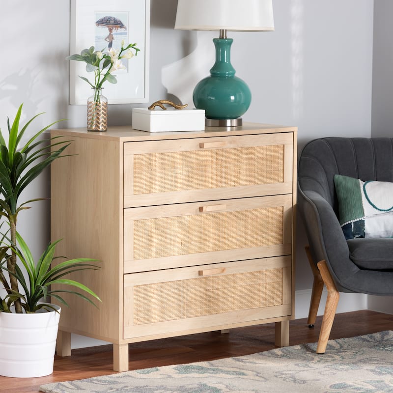 Sebille Mid-Century Modern Light Brown Finished Wood 3-Drawer Storage Cabinet with Natural Rattan