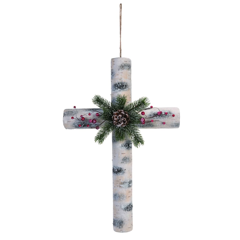 Transpac Foam 23 in. White Christmas Birch Cross with Pinecone