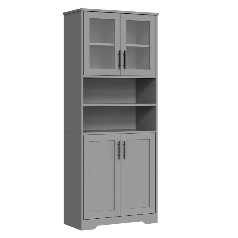 67" Tall Storage Cabinet, Kitchen Pantry Cabinet with Adjustable Shelves, Open Compartments - Grey - Glass
