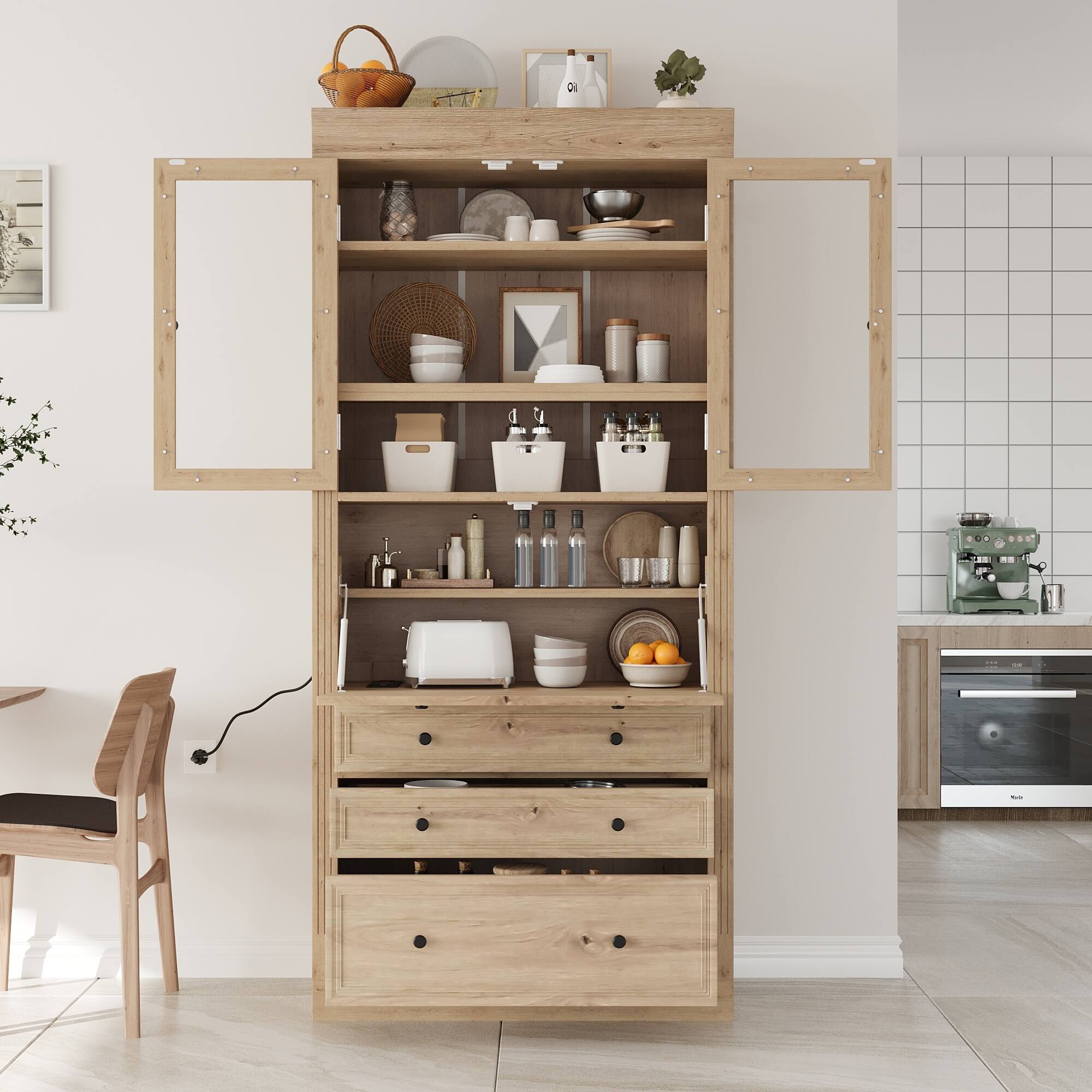 Roomfitters 78 Inch Tall Kitchen Pantry Storage Cabinet with Power Outlet and Drop-Down Surface