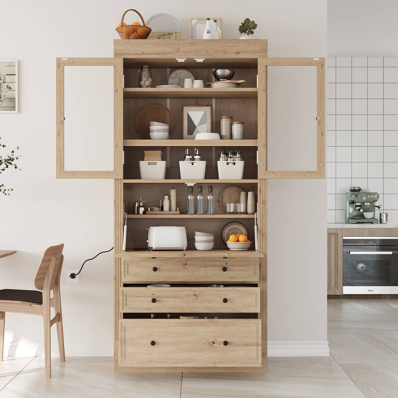 Roomfitters 78 Inch Tall Kitchen Pantry Storage Cabinet with Power Outlet and Drop-Down Surface - Natural