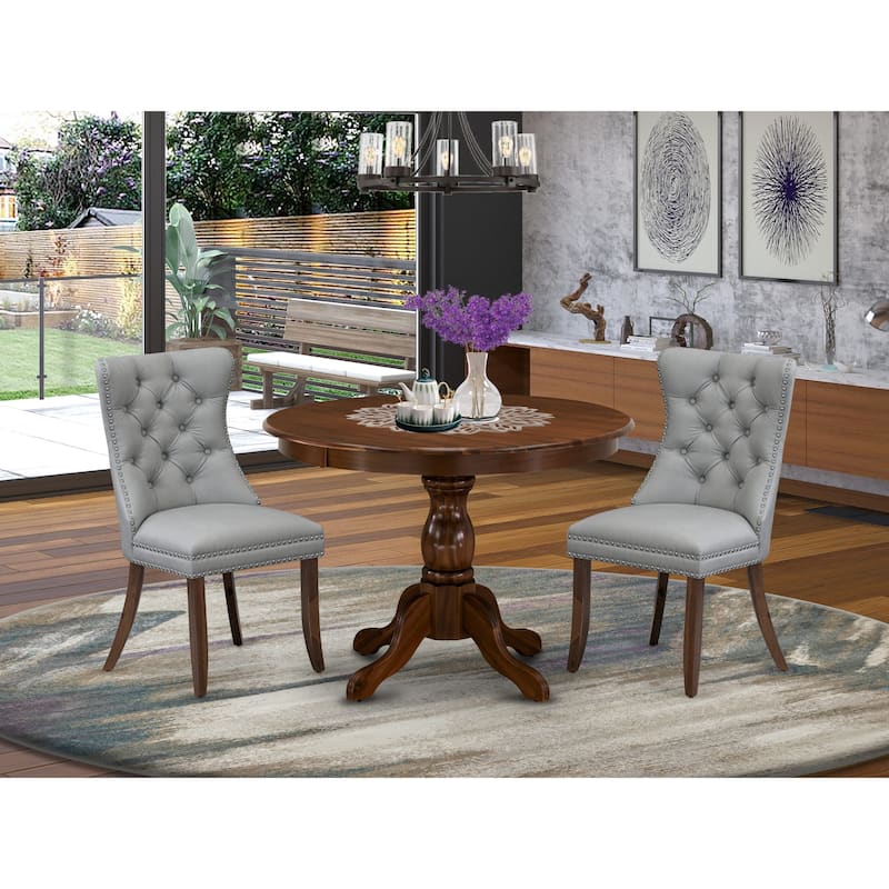 East West Furniture Dining Table Set Includes a Round Kitchen Table and Upholstered Chairs, Antique Walnut (Pieces Options) - HBDA3-AWA-27