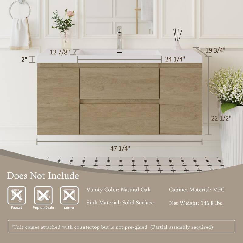Modern Wall-Mounted Bathroom Vanity with White Solid Surface Top
