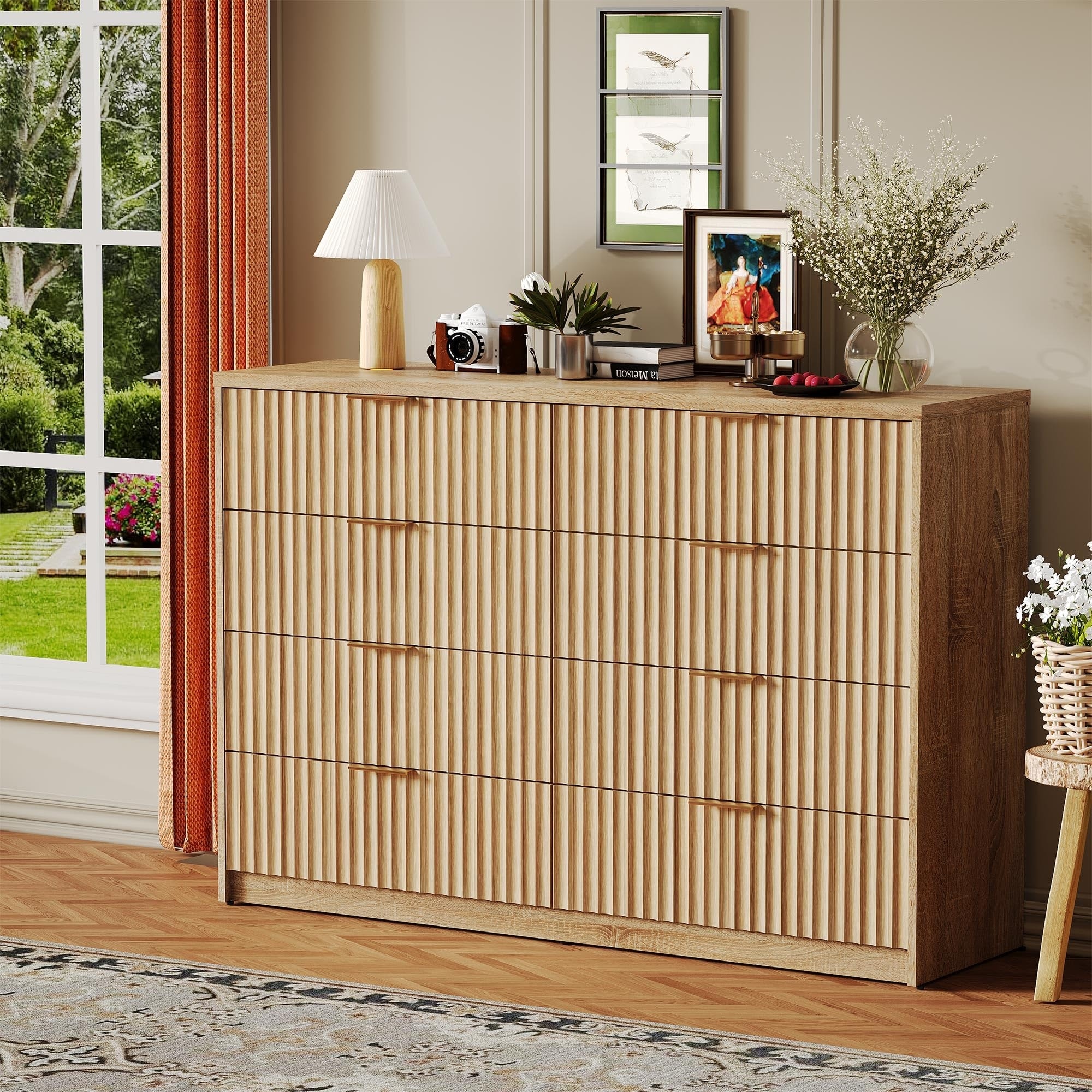 8 Drawer Fluted Double Dresser with Metal Handles, Modern Wood Storage Chest for Bedroom Entryway