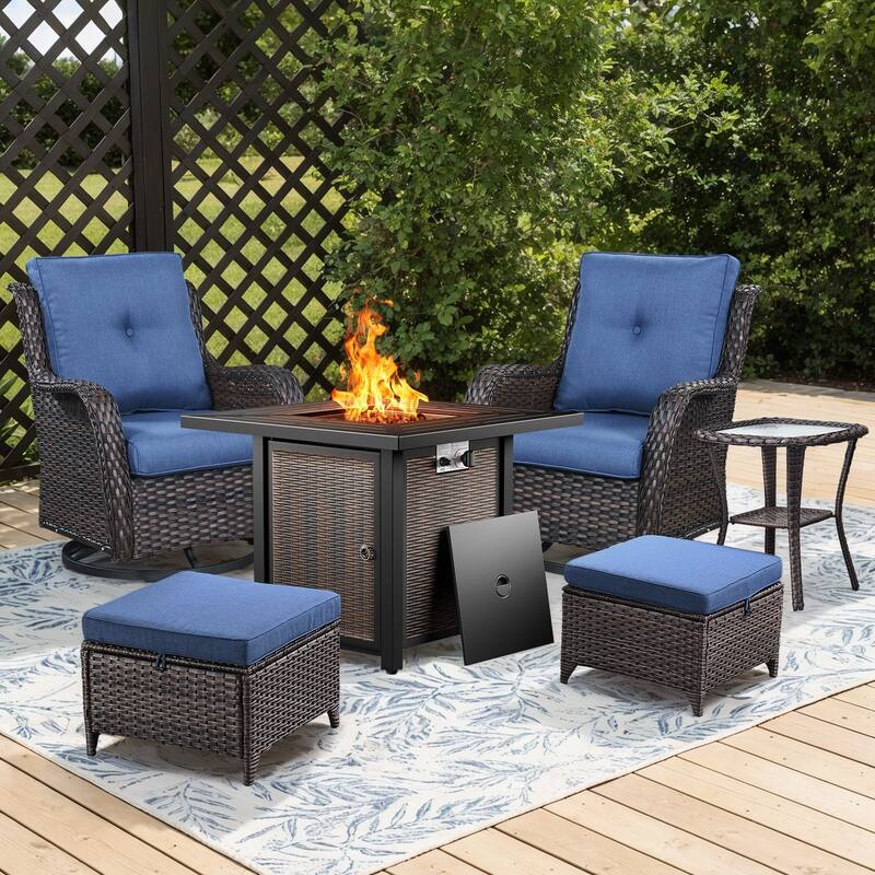 Gymojoy 6-Piece Fire Pit Set with Swivel Chairs, Ottomans & Side Table for Patio, Backyard, Deck - Brown Wicker / Blue Cusion - 6-Piece