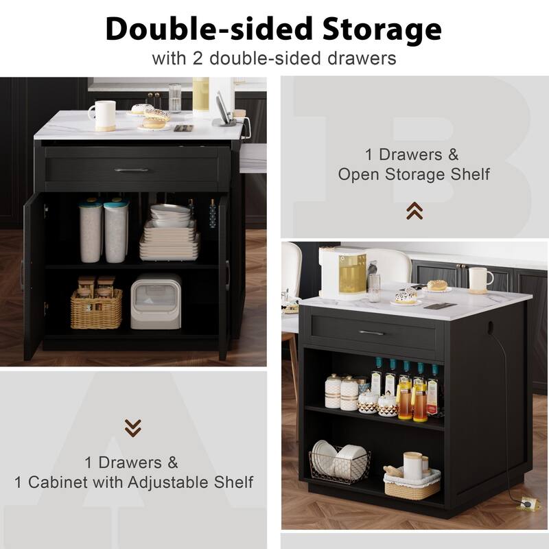 Extendable Kitchen Island with Dining Table for 4-6, Built-in Power Outlet, Storage Shelves & Drawers
