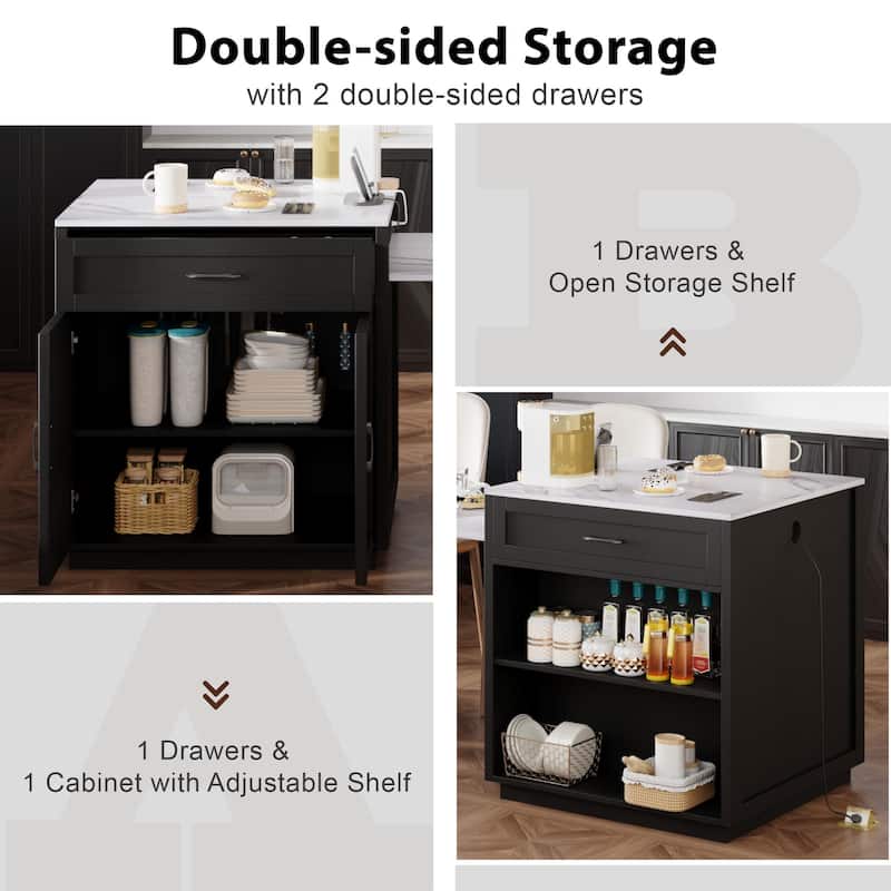 Rolling Kitchen Island w/Extendable Dining Table, Wooden Cupboard Spice Storage Cabinet w/Charging Station & 2 Side Open Shelves
