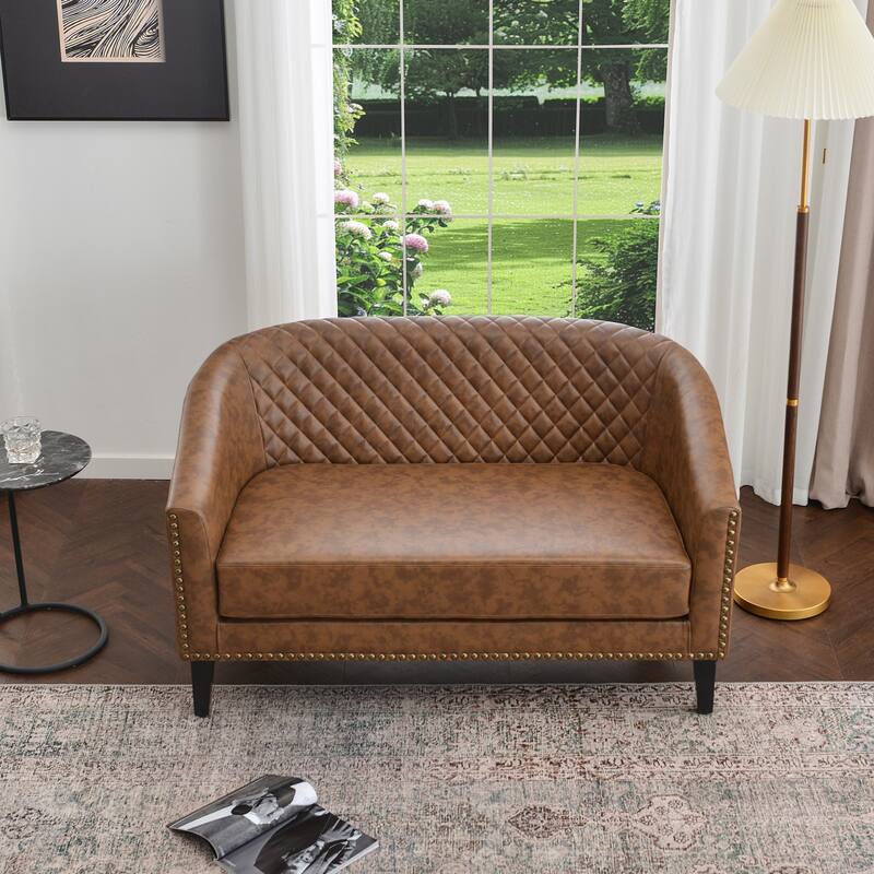 KINWELL 50"W Tufted Faux Leather Upholstered Small Loveseat Sofa