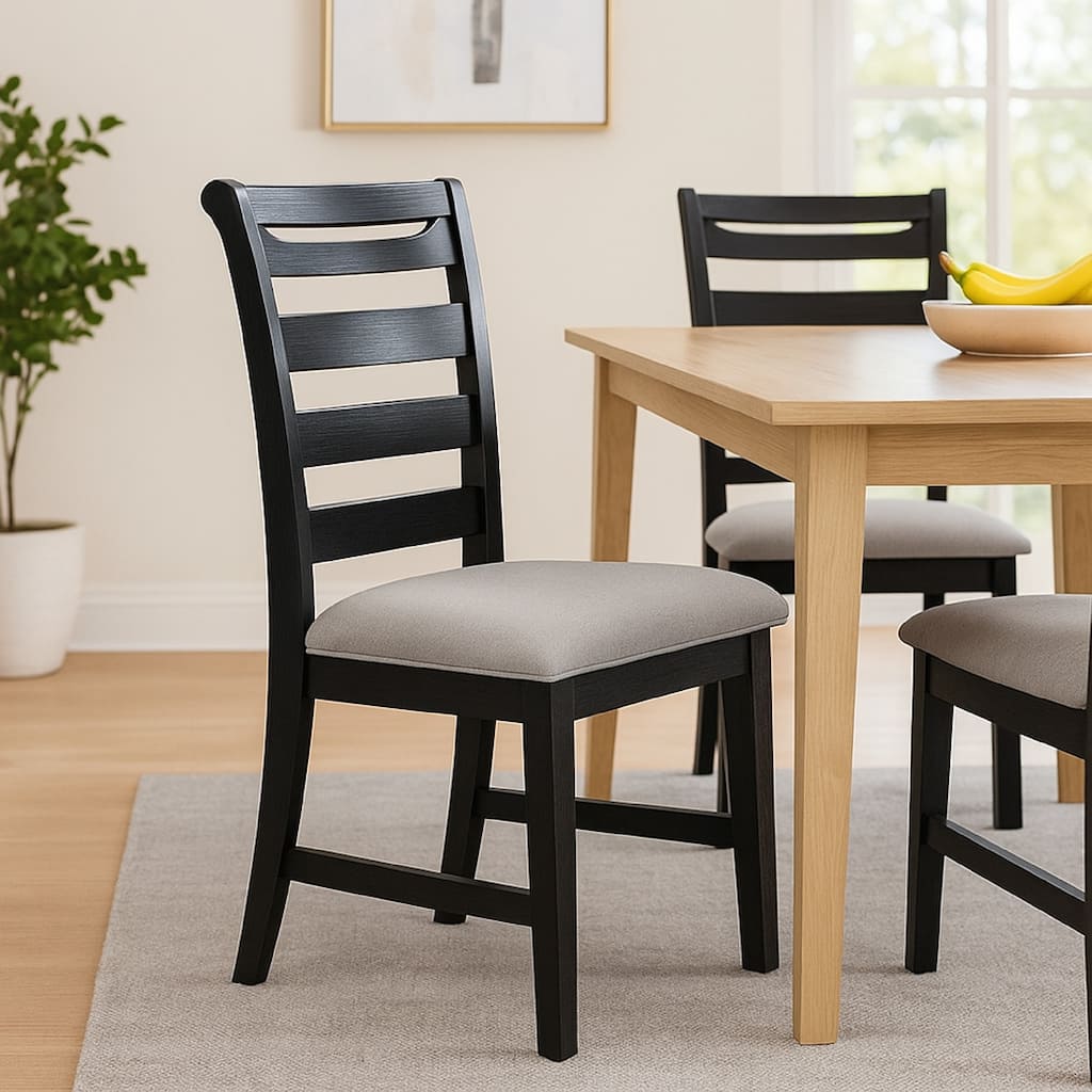 Remus Dining Chair with Ladder Back, Black Rubberwood, Gray Fabric