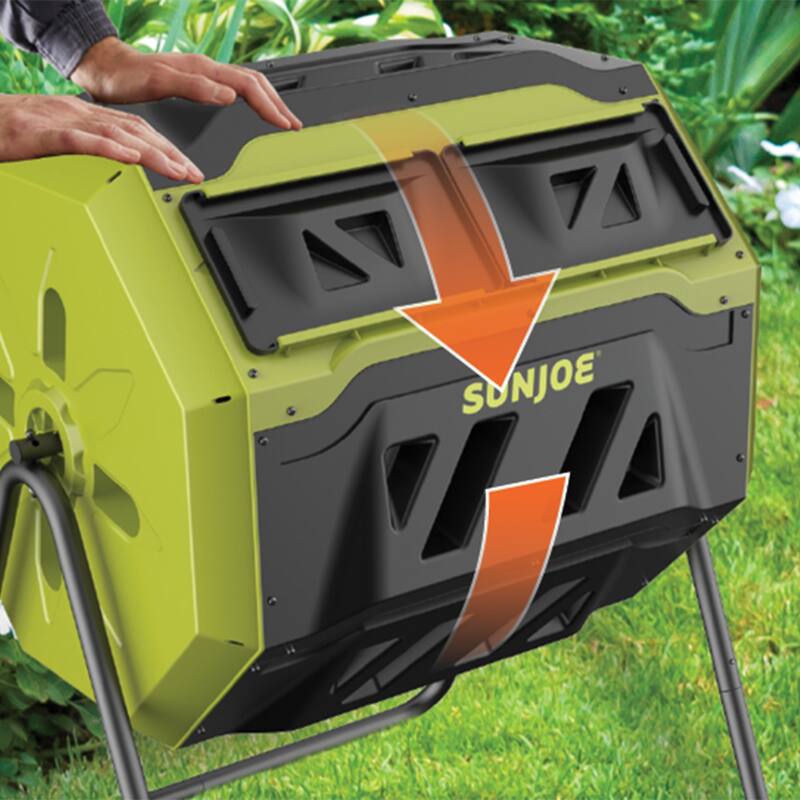 New Sun Joe SJ-CMPS1 All-Season Outdoor Tumbling Composter | Dual Sliding Chamber | 42-Gallon | 2-10 Weeks | BPA-Free Material