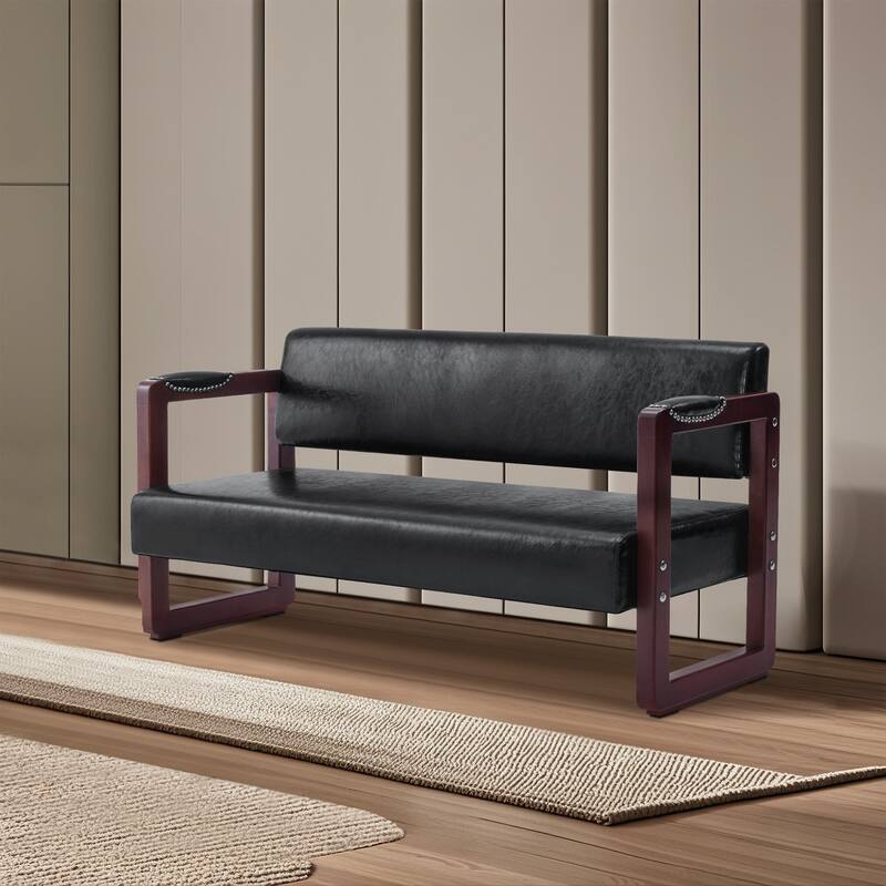BarberPub Upholstered Waiting Room Chairs, Bench with Backrest, Faux Leather Armed Bench - 23"D x 61.2"W x 29.9"H - Black