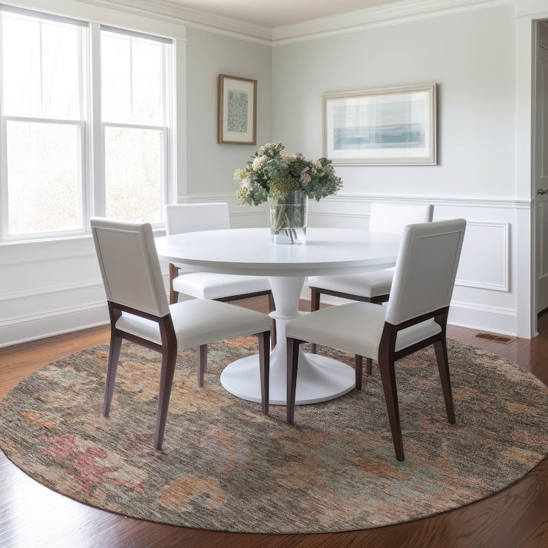 Machine Washable Indoor/ Outdoor Vintage Traditional Chantille Rug - Brown - 8' x 8'