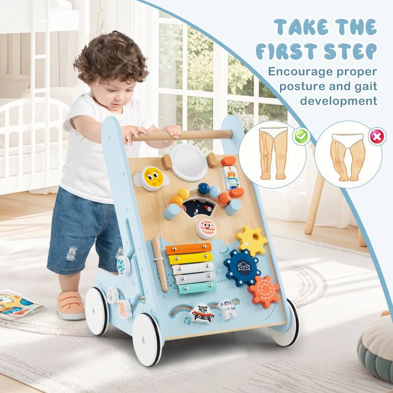 Green MDF Space-Themed Baby Walker with 8-in-1 Activity - 14" L x 13" W x 18.5" H