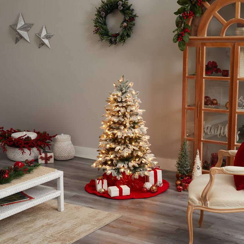 4’ Pre-Lit Flocked North Carolina Fir Artificial Christmas Tree, Warm White Lights - 4 Foot