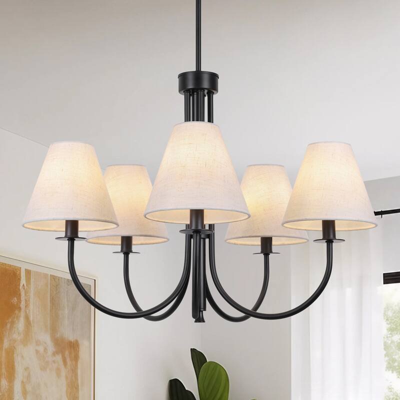 Farmhouse Wheel Chandelier Mid-century Pendant Fixture with Fabric Shades for Interior Lighting - Beige Shade/Black Fixture - 5-Light