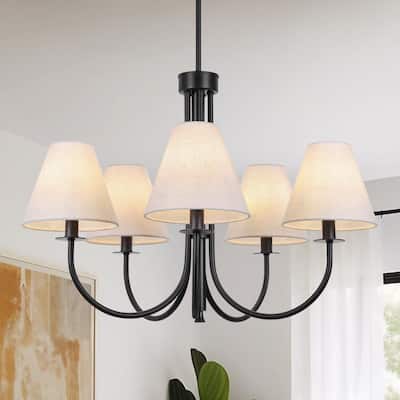Farmhouse Wheel Chandelier Mid-century Pendant Fixture with Fabric Shades for Interior Lighting