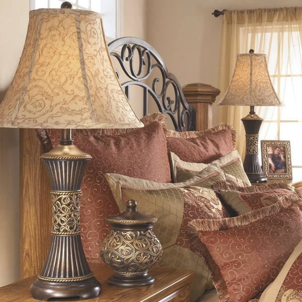 Ashley Furniture L372944 Set Of 2 Mariana Bronze Finish Poly Table Lamp W Fabric Bell Shade Overstock 16260288