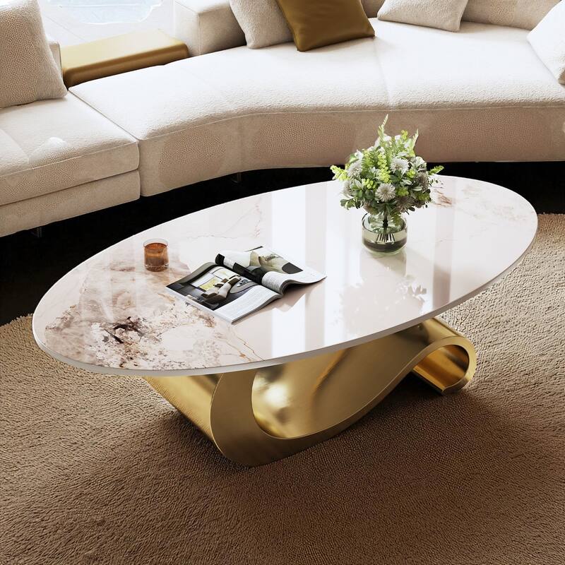 49.2" Oval Faux Marble Coffee Table with Stainless Steel Base, Modern Contemporary Center Accent Table