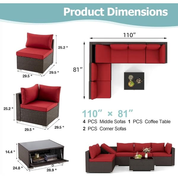 dimension image slide 2 of 6, EROMMY 6/7 Piece Modular Outdoor Rattan Sofa Set, All-Weather Wicker Patio Furniture with Storage Table, Cushions & Pillows
