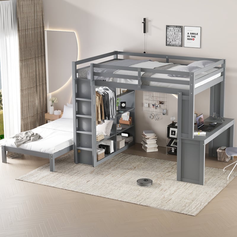 Queen Size Loft Bed & Twin Size Platform Bed Set, Wood Bunk Bed with Built-in Desk, Open Shelves and Wardrobe, Queen Over Twin