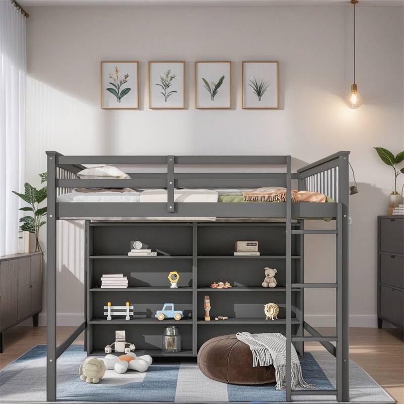 Full Size Wood Loft Bed w/ 8 Open Storage Shelves and Built-in Ladder - Gray