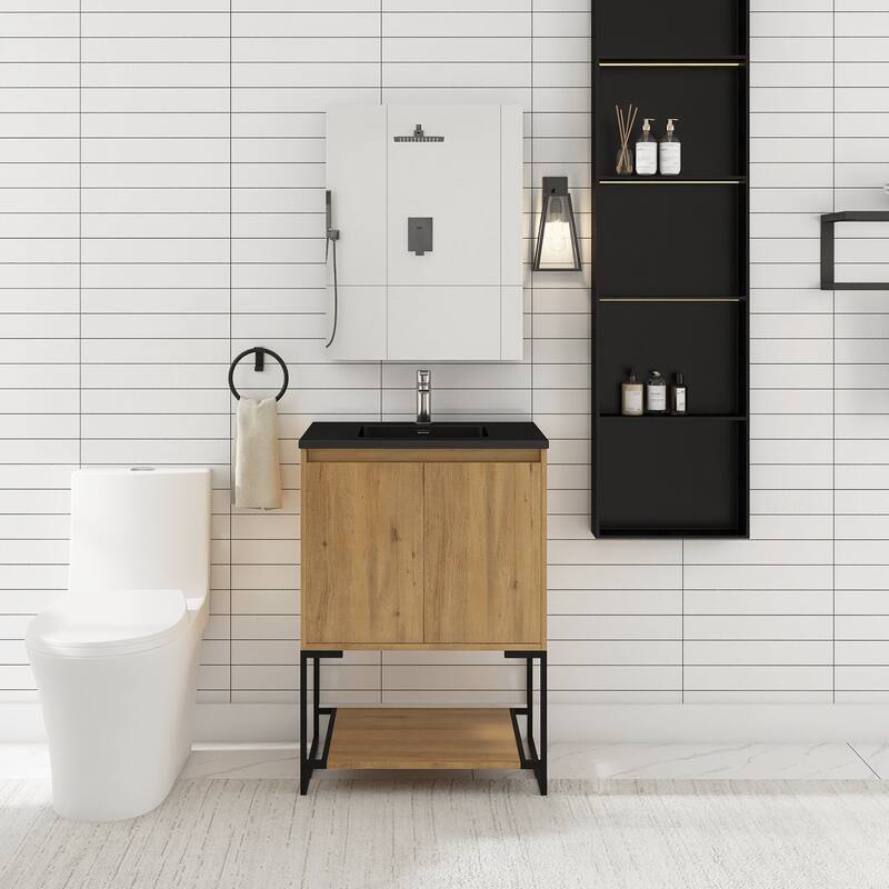 Freestanding Bathroom Vanity Set in Oak with Integrated Solid Surface Sink