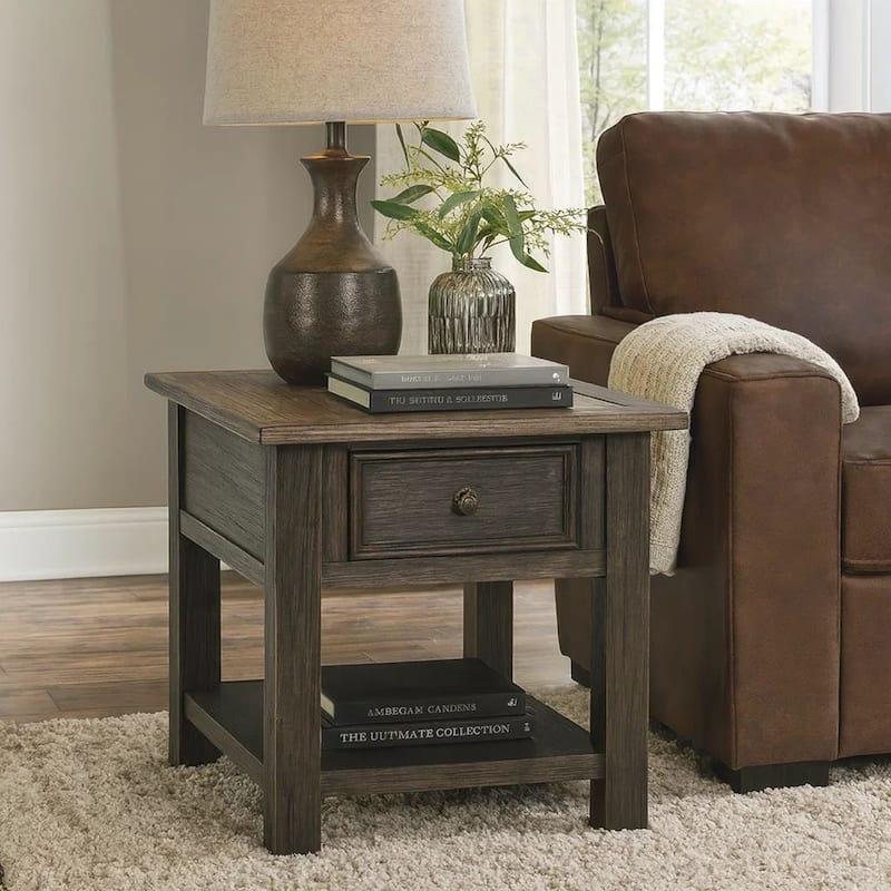Wooden End Table with One Drawer and One Shelf, Brown and Black