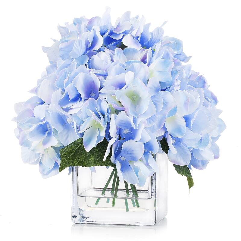 Enova Home Artificial Silk Hydrangea Fake Flowers Arrangement in Cube Glass Vase with Faux Water for Home Office Decoration