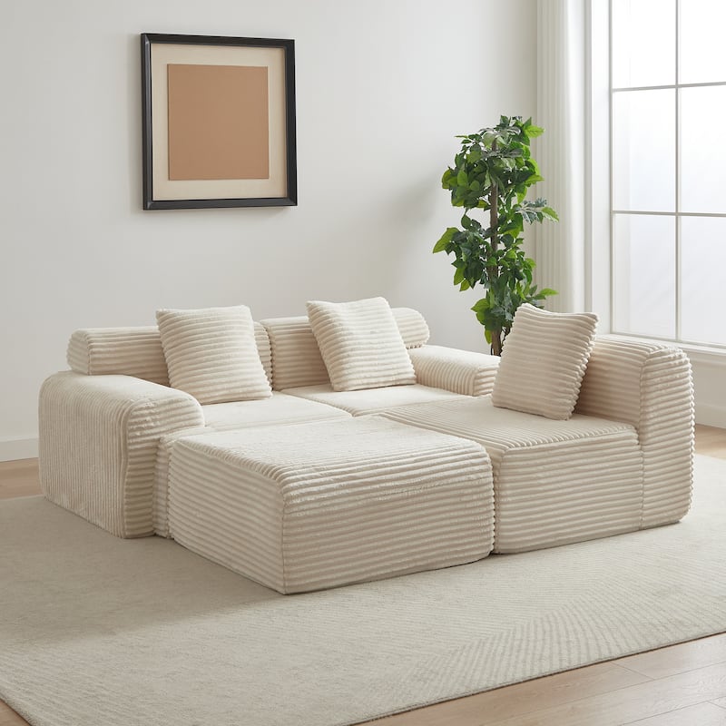 Inlaid Structural Sleeper Sectional Sofa Bed with Ottoman, Corduroy Modular Boneless Couch with Wider Armrests and Backrests