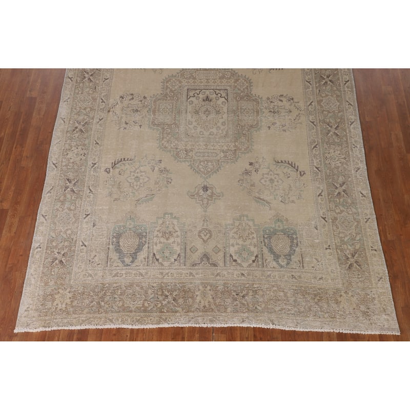 Distressed Tabriz Persian Vintage Area Rug Handmade Beige Wool Carpet - 7'9"x 11'0"