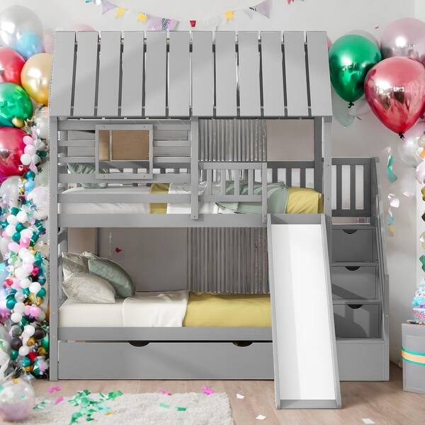 slide 2 of 10, Twin over Twin House Bunk Bed with Trundle and Slide, Storage Staircase, Roof and Window Design, Gray Gray - Twin