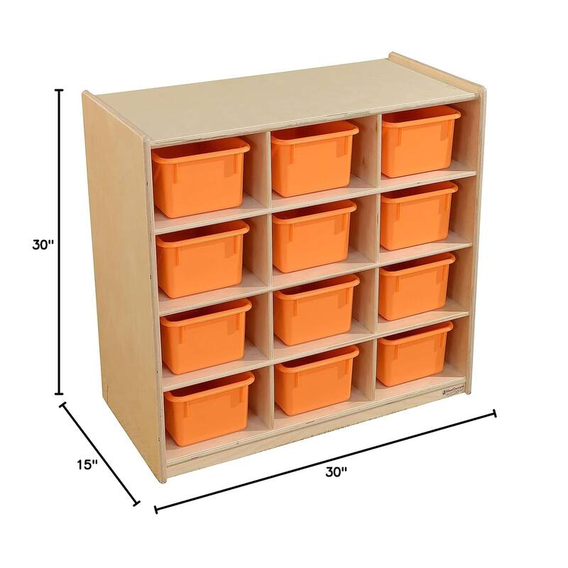 Wood Designs Birch 12 Cubby Storage Cabinet with Orange Tubs, Kids Montessori Organizers for Classroom, Kindergarten - 30"