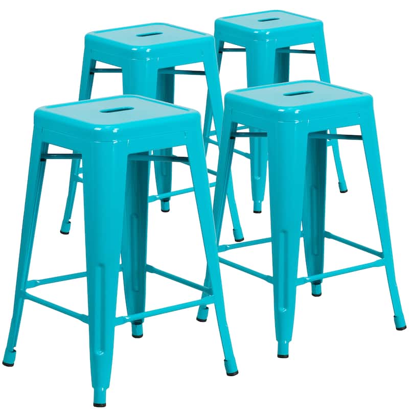 4 Pack 24"H Backless Metal Indoor-Outdoor Counter Height Stool w/Square Seat - Crystal Teal-Blue