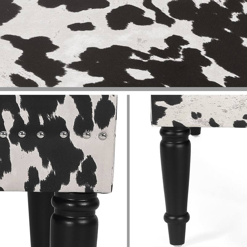 Adeco Rectangular Ottoman Black Milk Cow Bench Fabric Footrest Stool