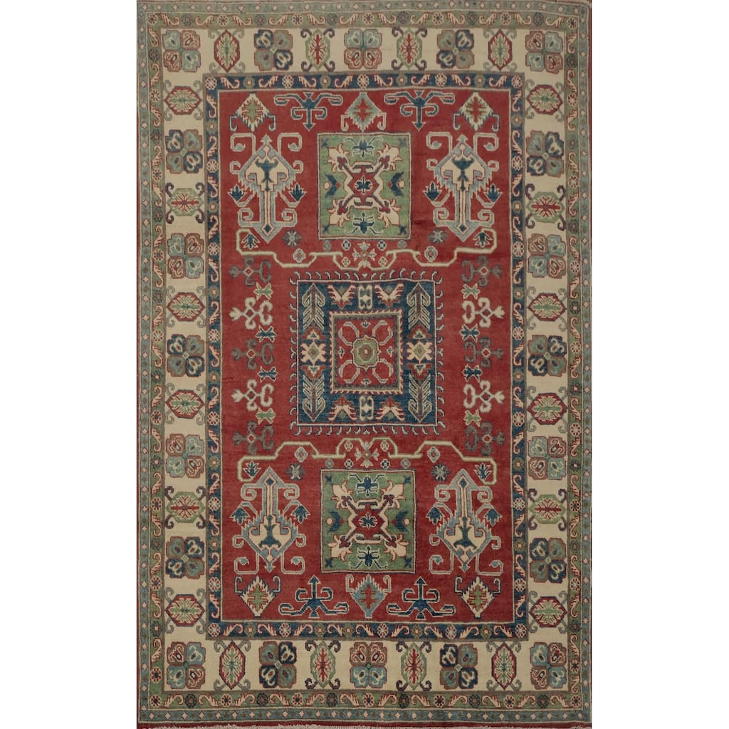 Hand Knotted Oriental 100% Wool Carpet Traditional Geometric Red Kazak Area Rug - 6' 10'' X 4' 11''
