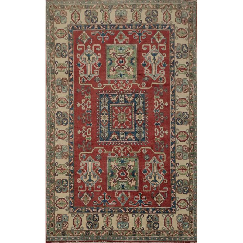 Hand Knotted Oriental 100% Wool Carpet Traditional Geometric Red Kazak Area Rug - 6' 10'' X 4' 11''