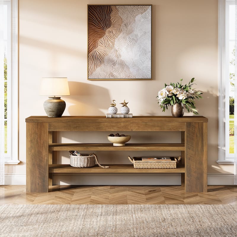 47'' Rustic Brown Wood 3-Tier TV Stand with Open Storage, Shoe Bench, Entryway Bench