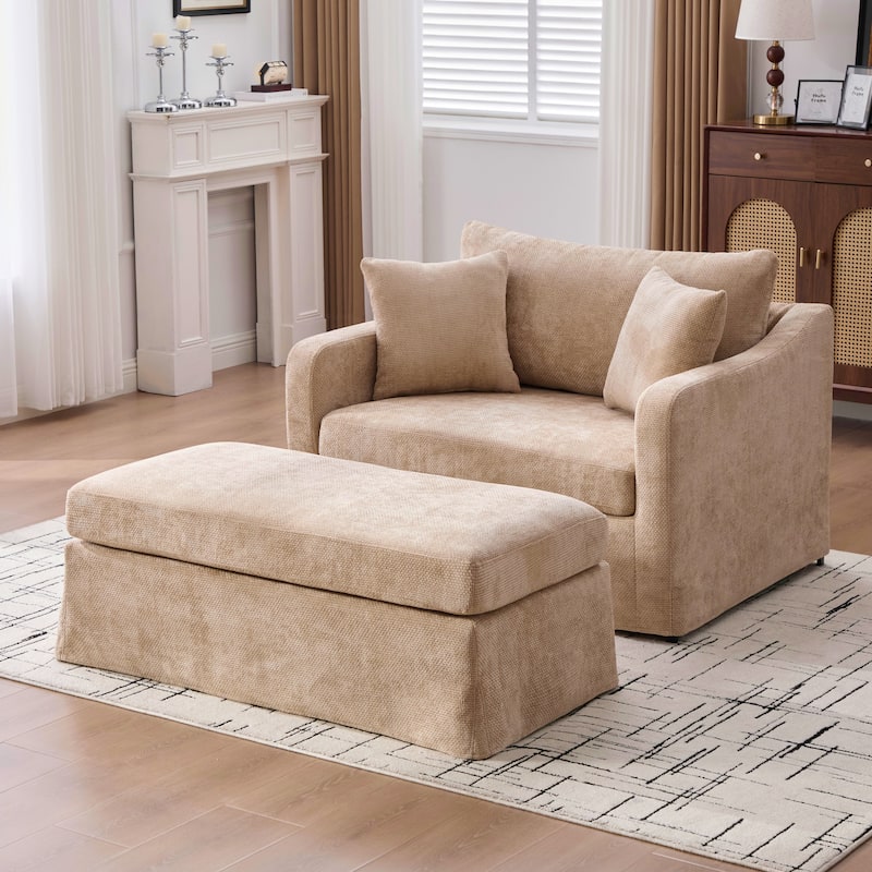 Set of Modern Chenille Accent Chair and Storage Ottoman