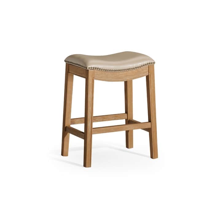 HomeRoots 26" Beige and Natural Faux Leather and Solid Wood Backless Counter Height Bar Chair