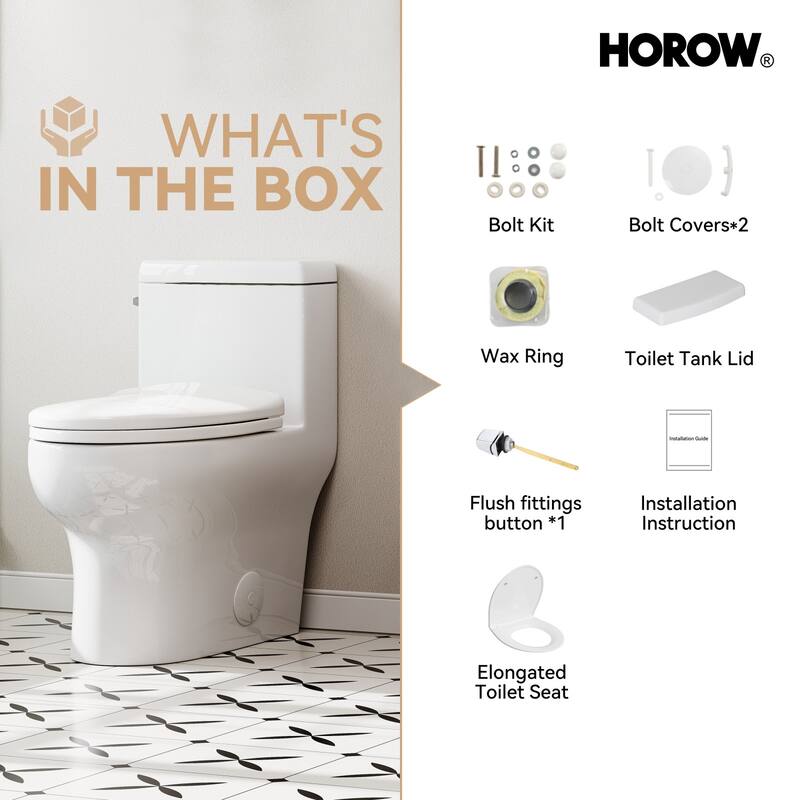 HOROW White One-Piece Compact Elongated 1.28 GPF Toilet with Comfort Height and Slow-Close Seat - N/A
